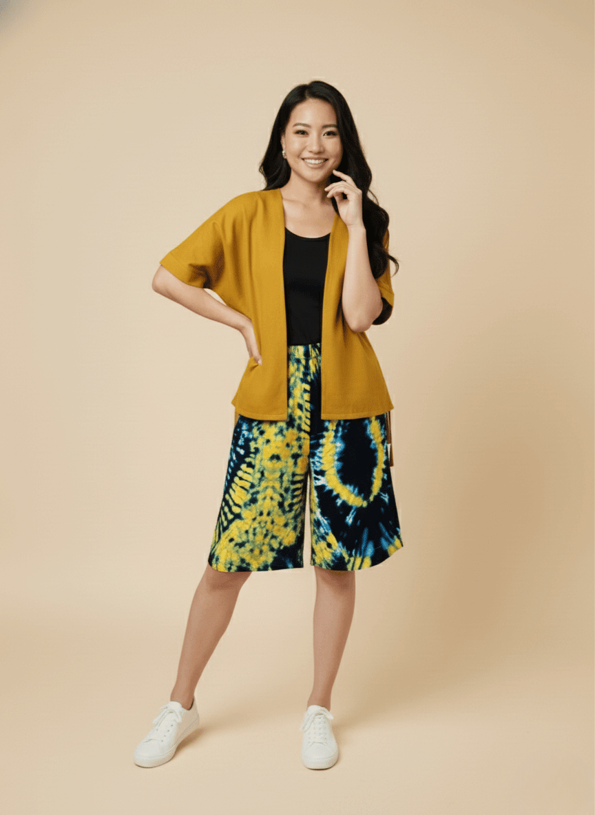 Mustard Tie-Dye Kimono w/Short(2-Piece Set) - XXL image